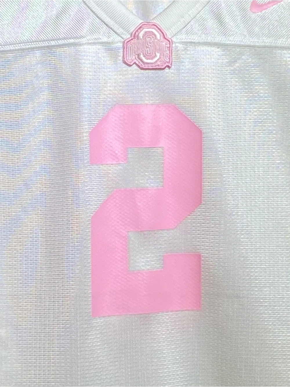 Nike Women’s White Football Jersey with Pink Accents and Number 2 Ohio State